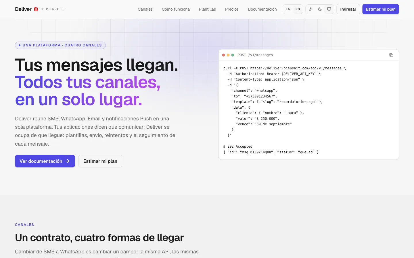 Deliver — SMS, WhatsApp, correo y push desde una sola API